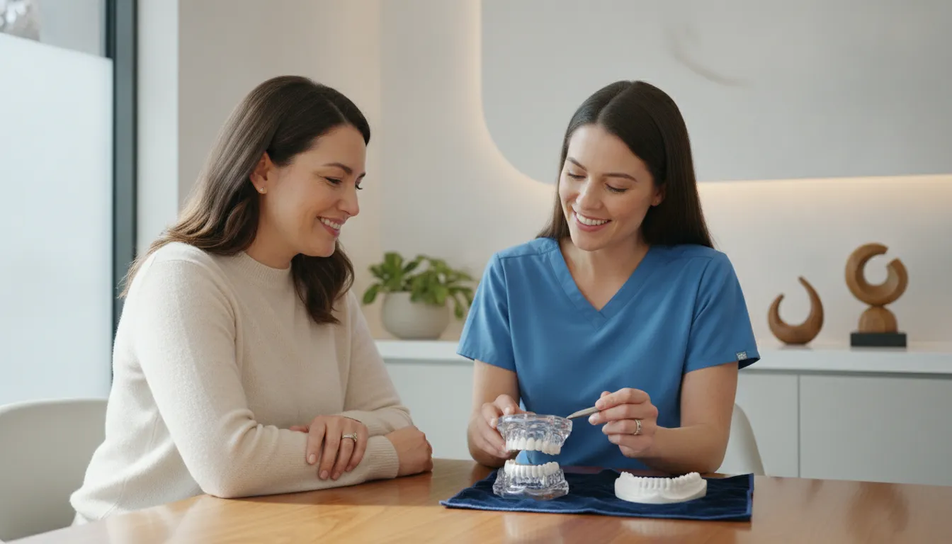 Patient discussing removable and custom cosmetic smile options with a dental professional