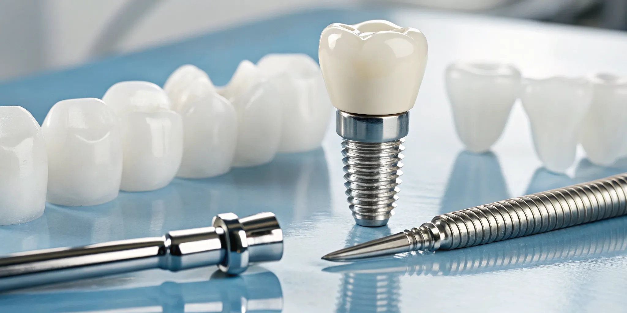 Surgical dental implants showing the screw and crown components for tooth replacement.