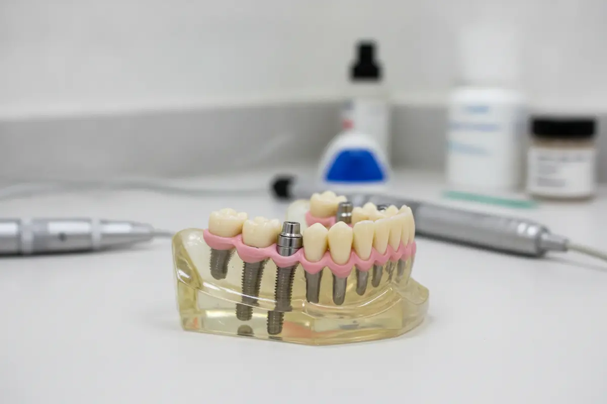 Temporary acrylic bridge attached to implants on a dental model during healing