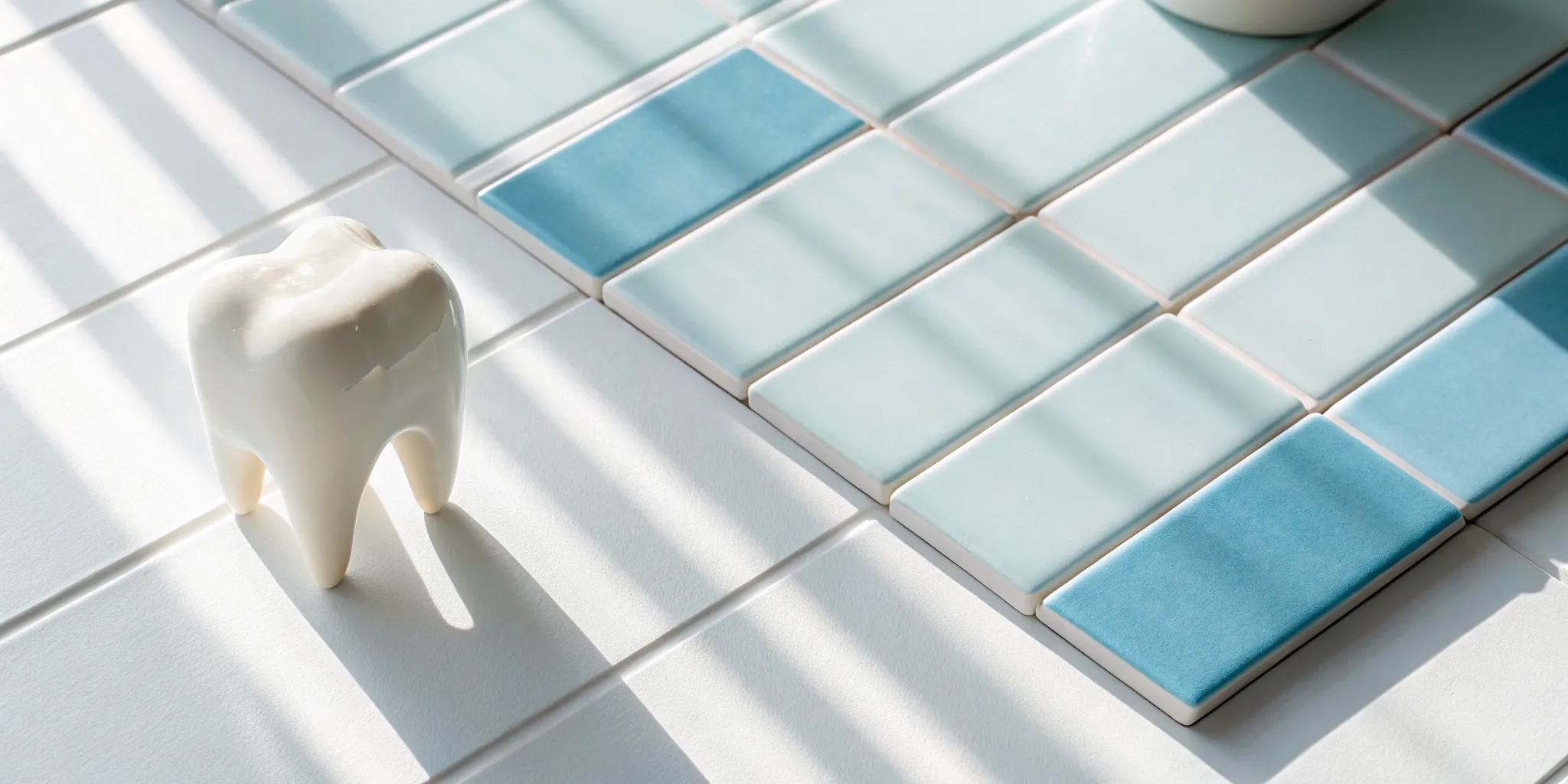 A ceramic tooth model on a tile floor after falling out, awaiting emergency dental care.