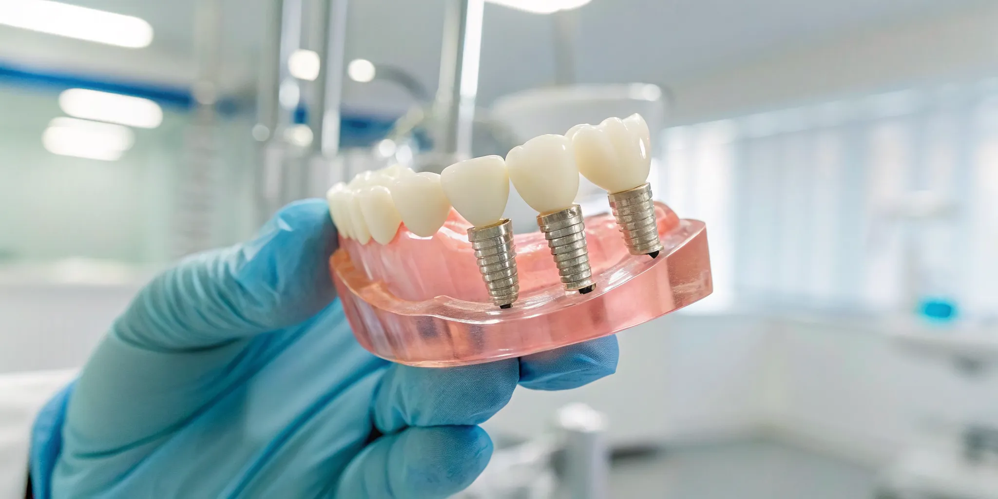 Dental model showing implant-supported dentures with titanium implants.