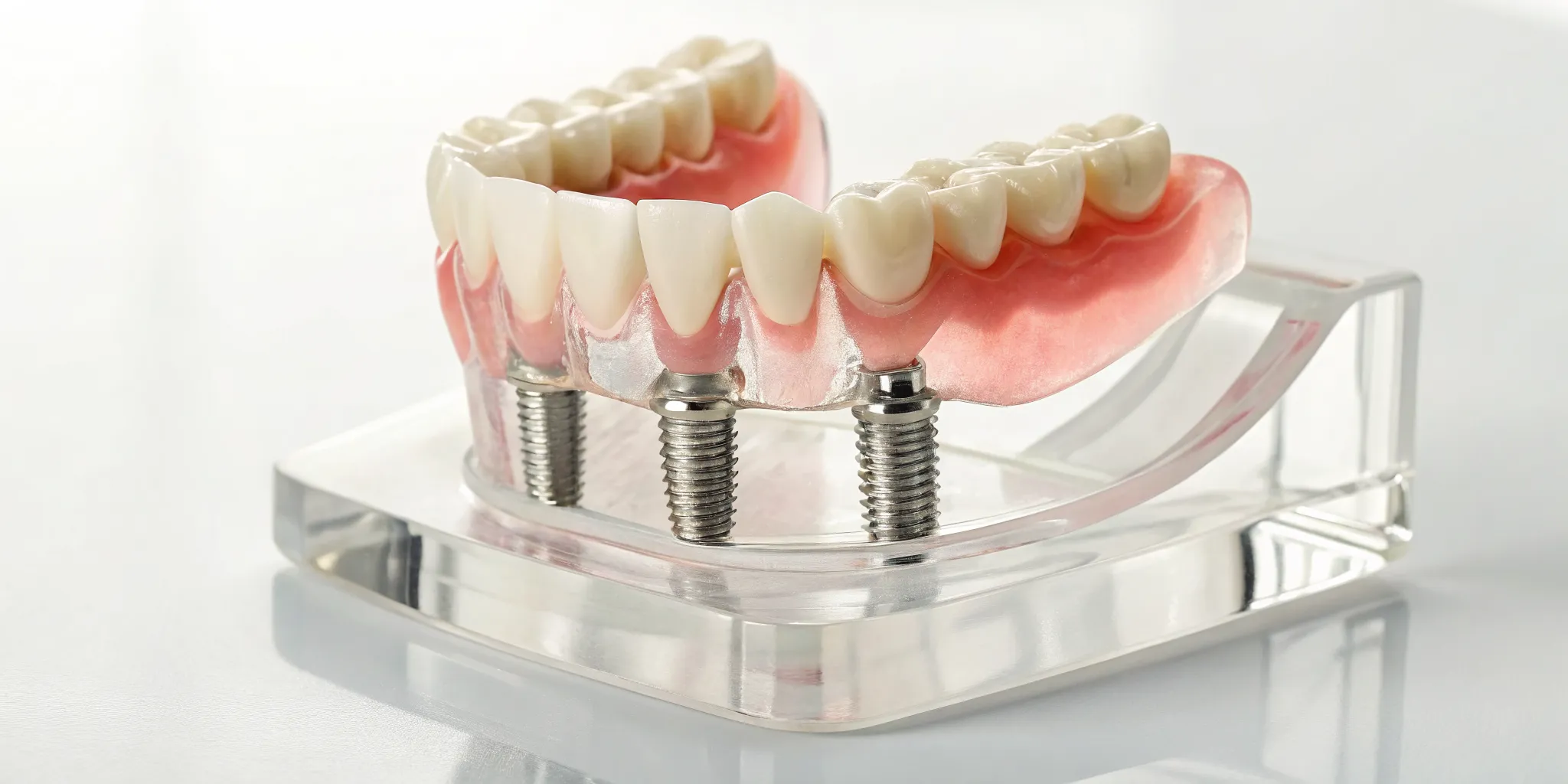 The disadvantages of implant-supported dentures, shown on a model with four jaw implants.