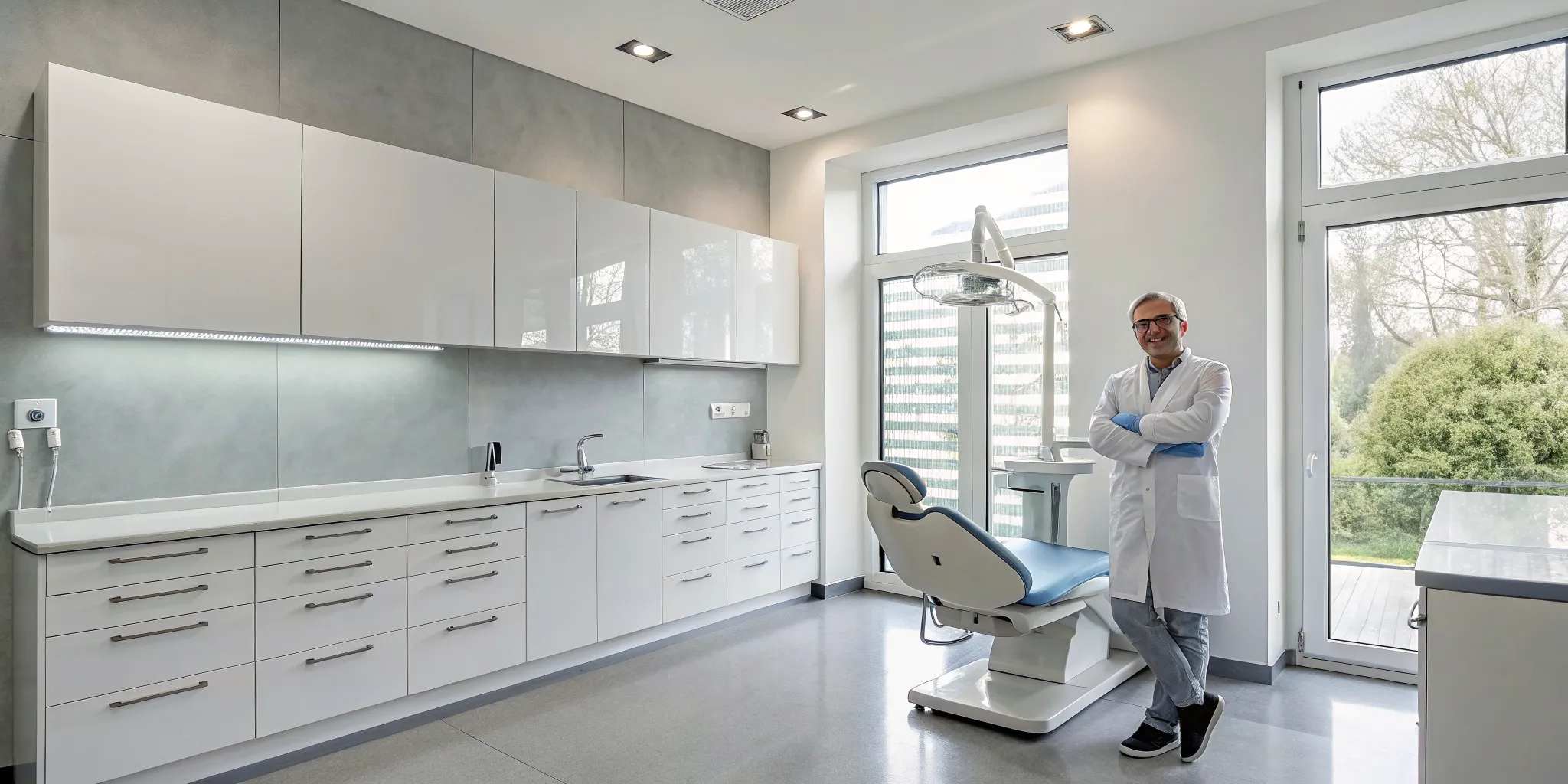 A prosthodontist specialist in a dental office, ready for advanced smile restoration and reconstruction.