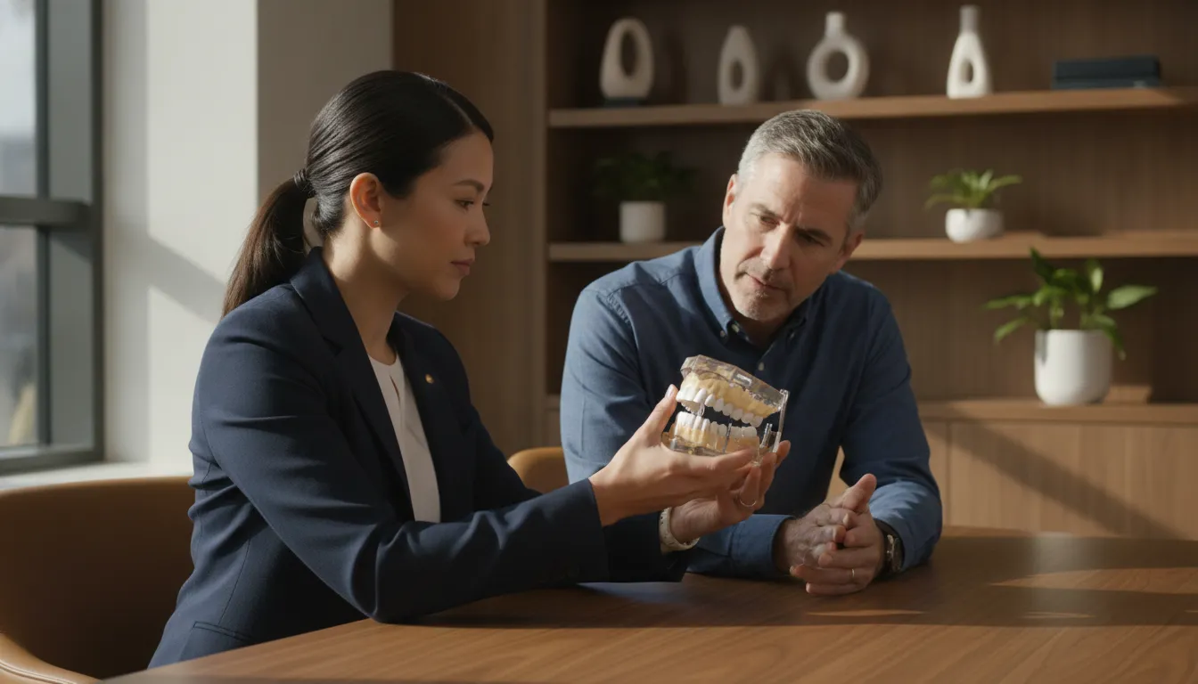 Prosthodontist reviewing a dental implant treatment plan with a patient