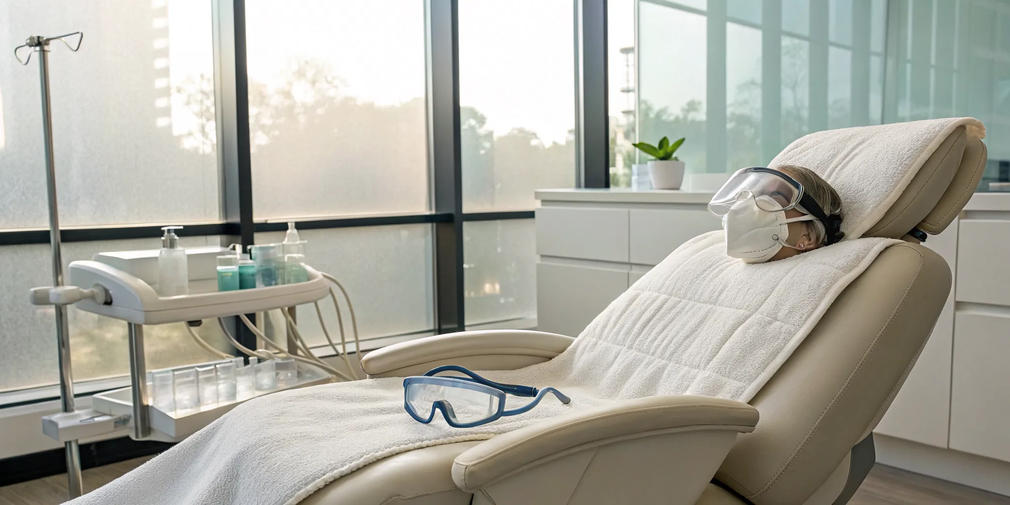 A relaxed patient in a dental chair prepared for surgery with sedation options for dental implants.