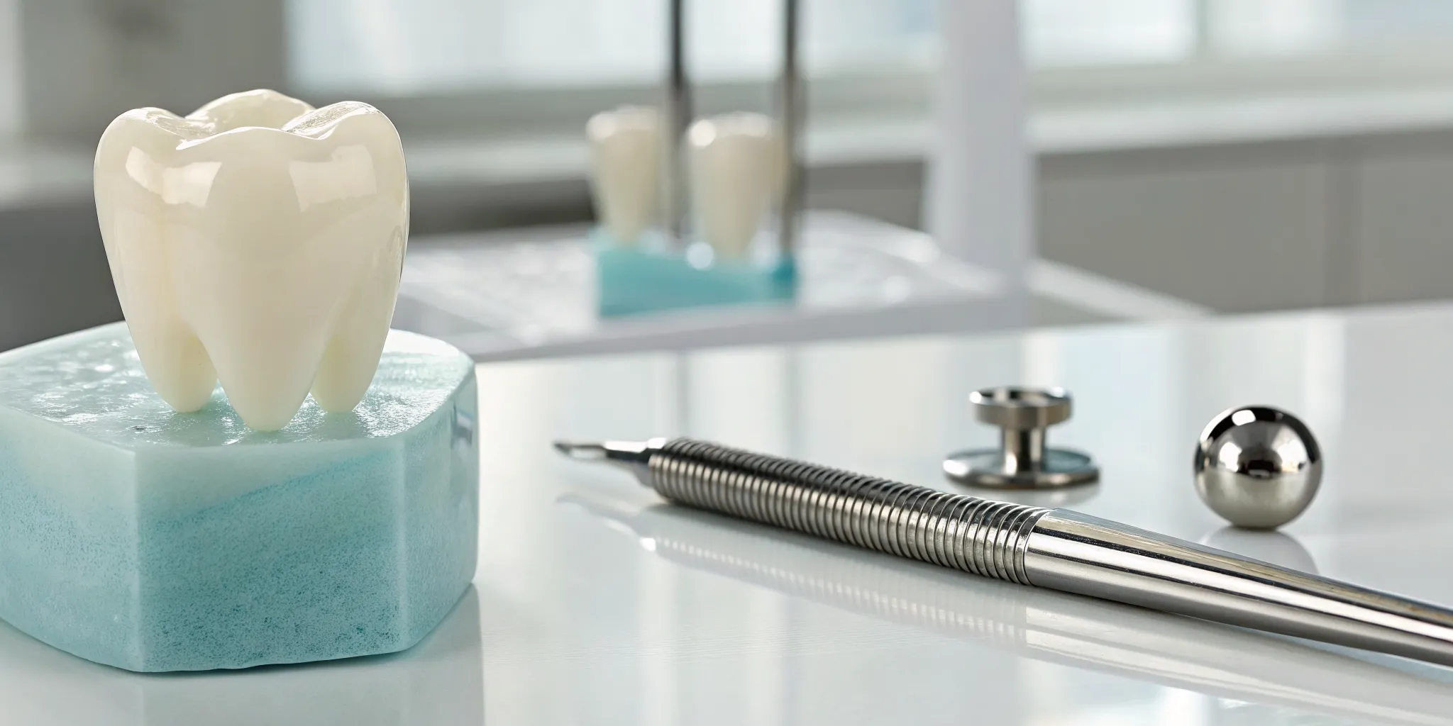Zirconia vs porcelain crowns comparison with a dental crown model and tools.
