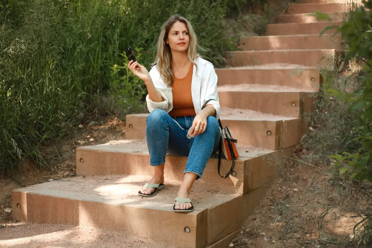 Grounding loafers worn on a natural outdoor path