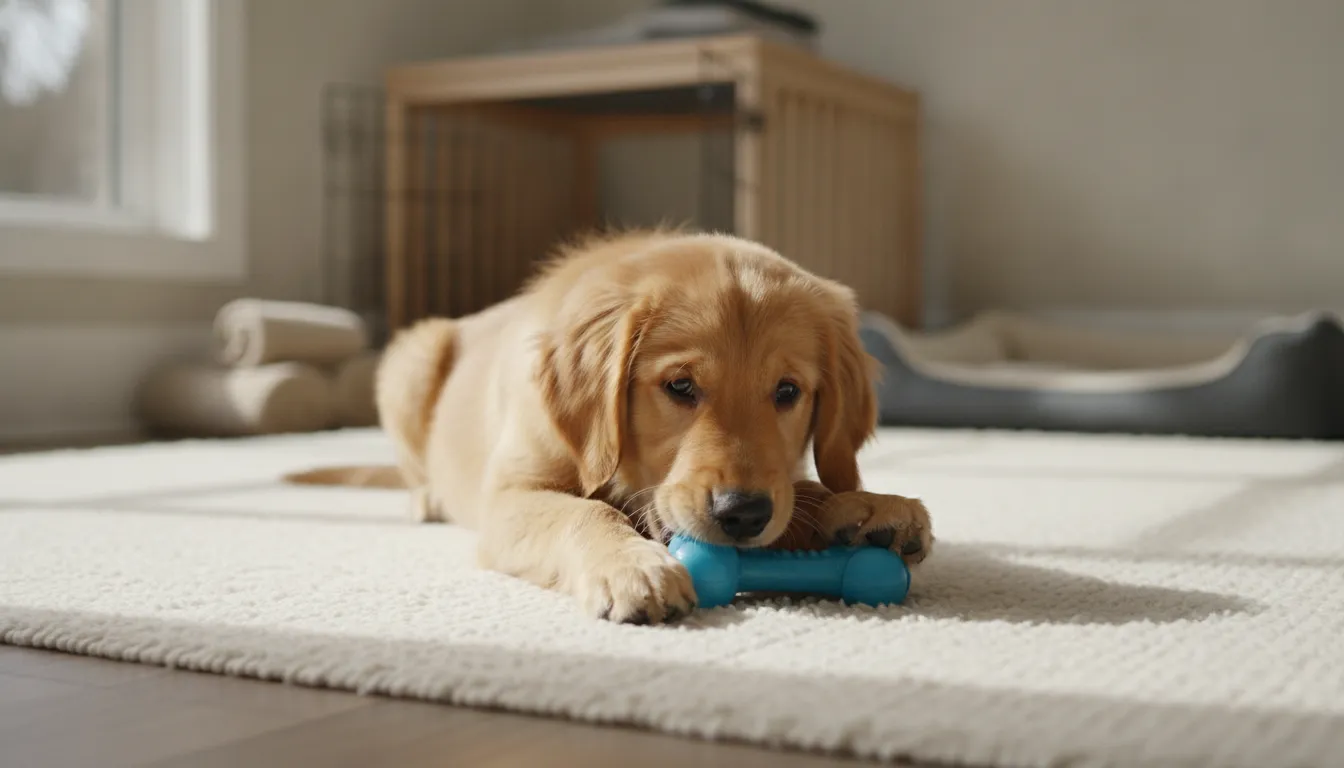Puppy calmly chewing a teething toy on a cream rug during a training pause