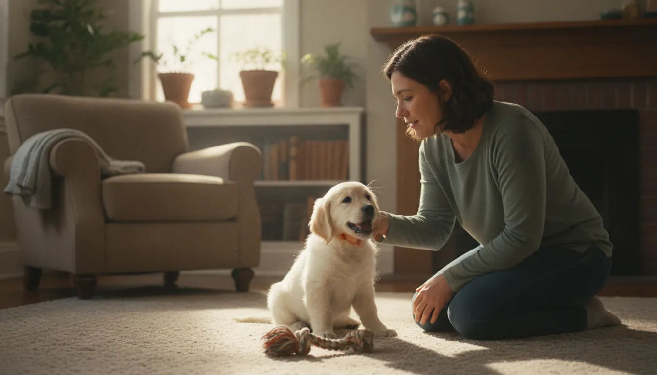 Person redirecting a puppy toward a chew toy during a training session at home