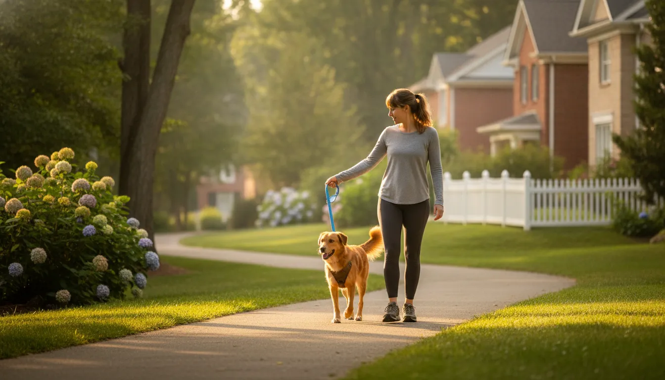 Dog and handler practicing calm loose-leash walking