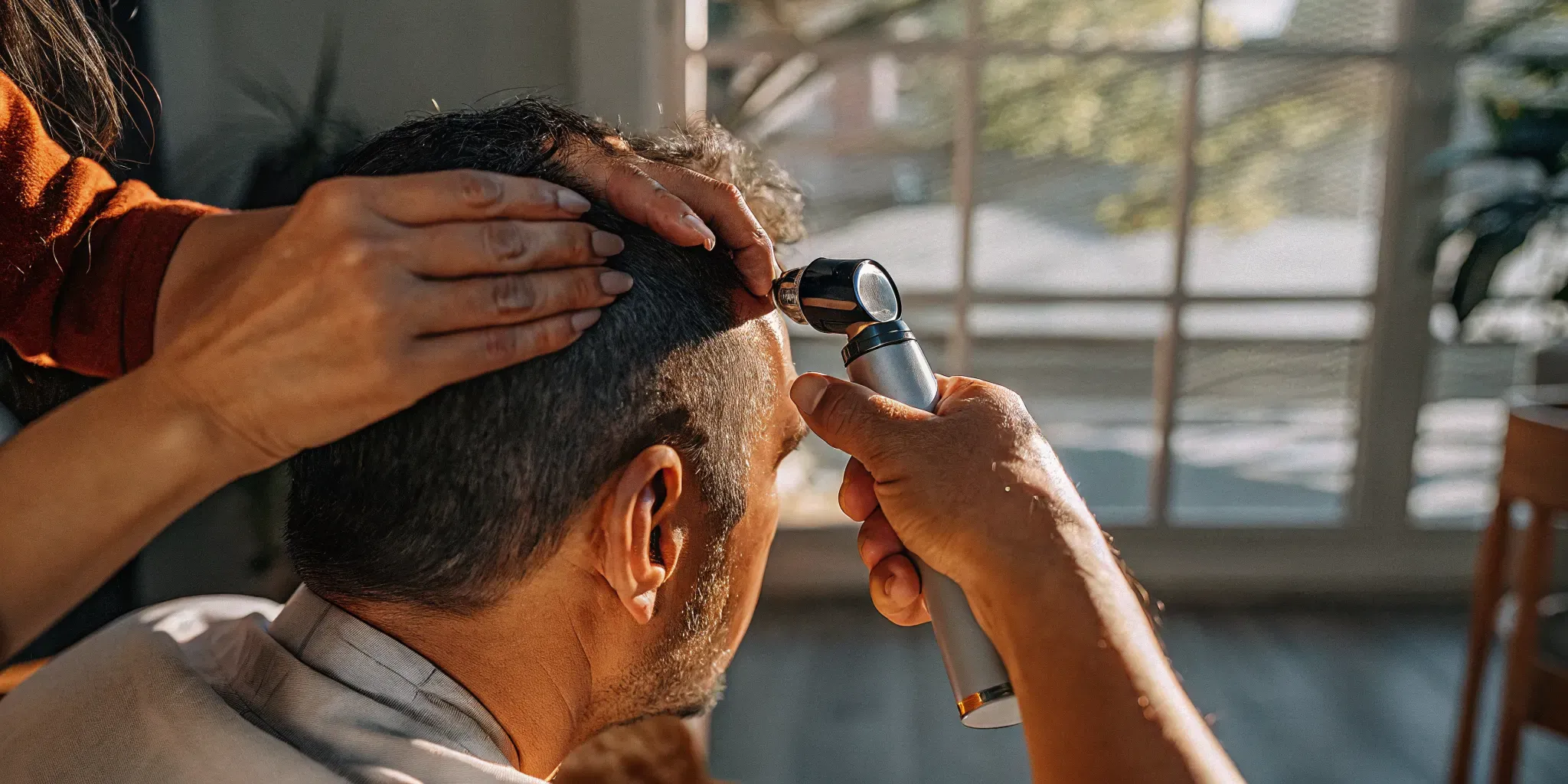 Clinician examining a patient's scalp during a hair restoration consultation in Tampa
