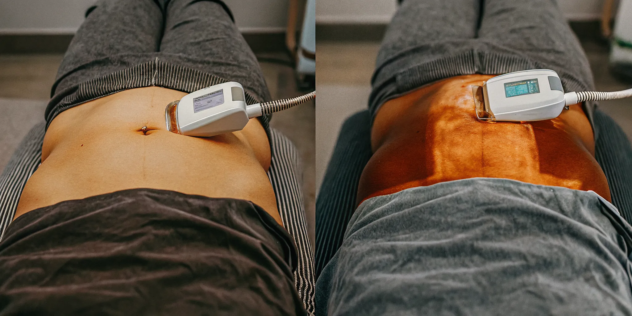 Side-by-side comparison of Endolift laser fiber treatment and CoolSculpting fat freezing applicator on patient skin