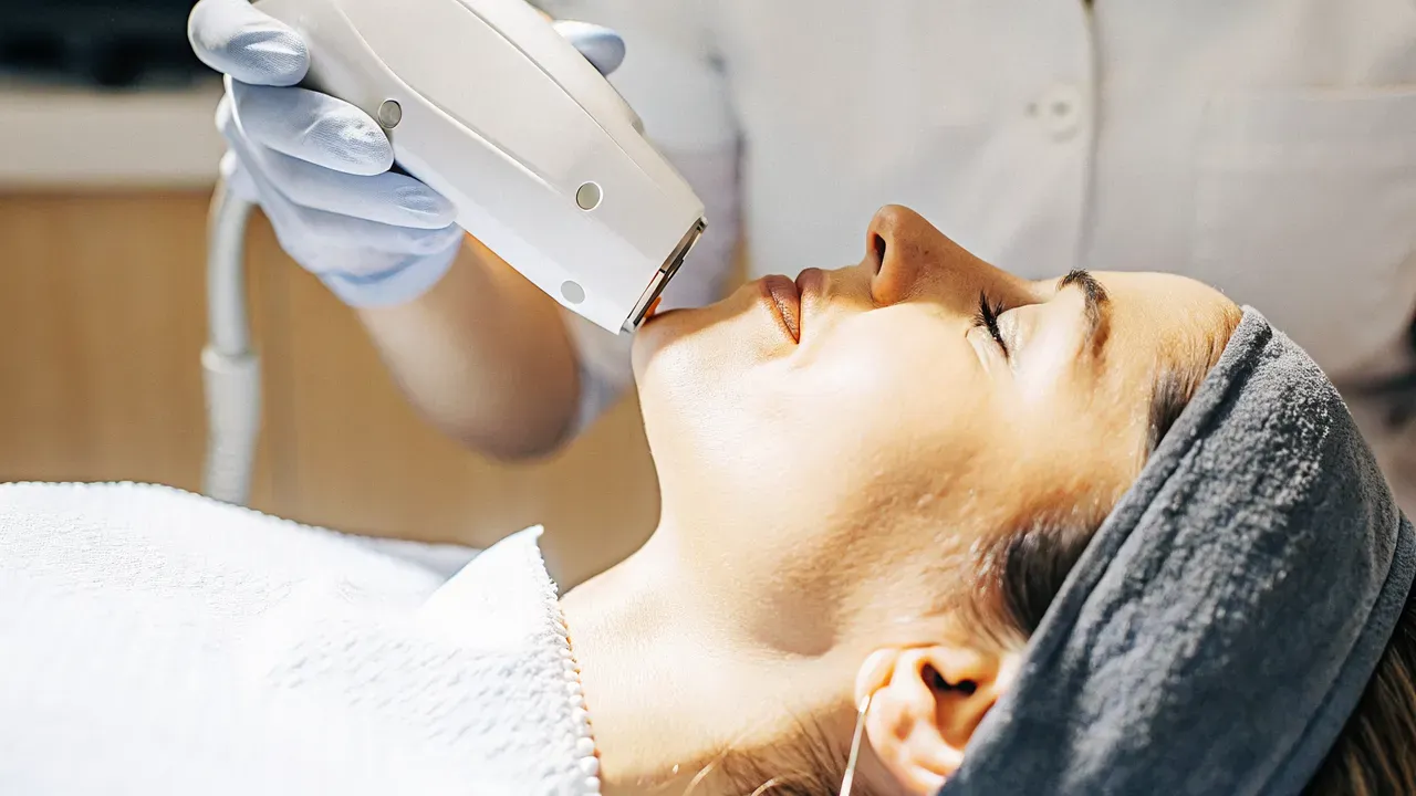 Patient receiving a non-surgical facial skin tightening treatment under clinical care