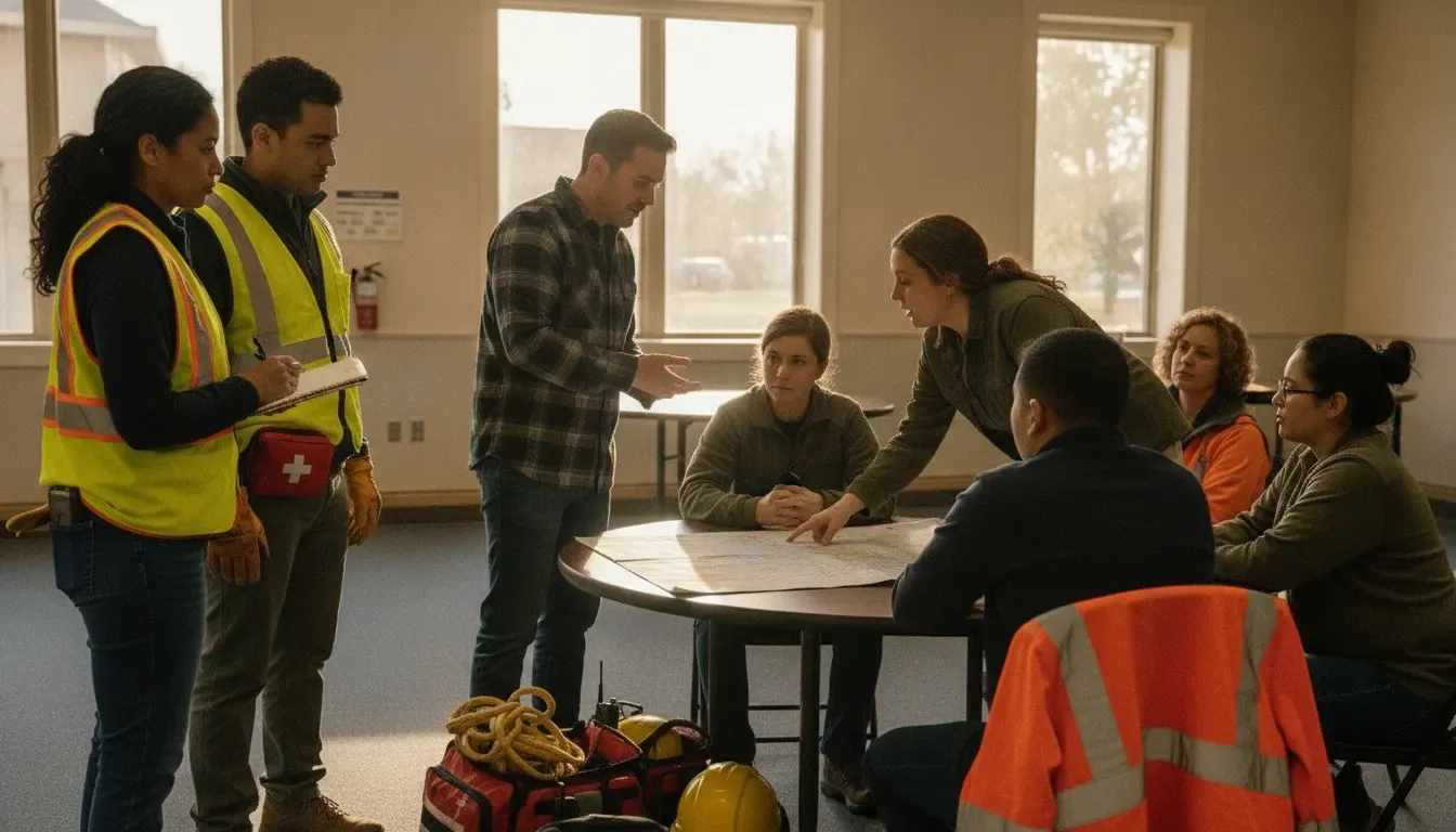 CERT and emergency response volunteers discussing observations after a field exercise