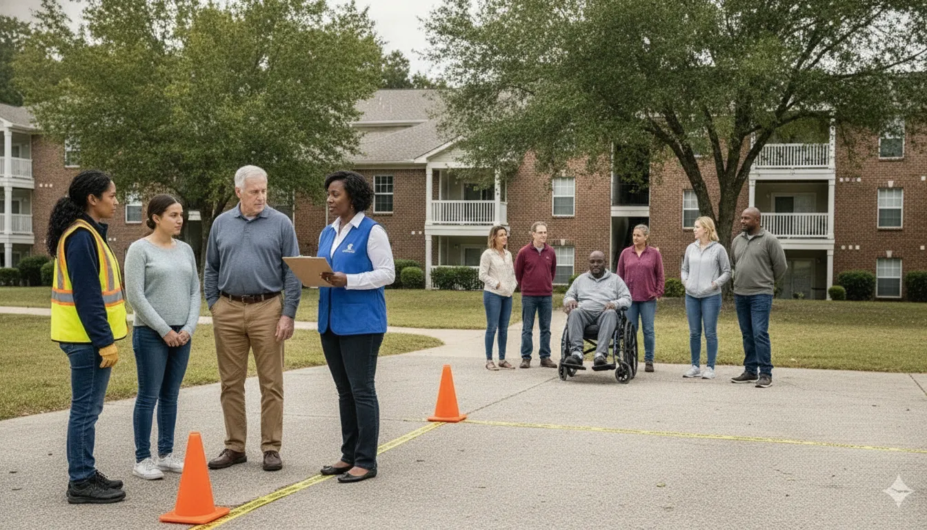 Property manager checking resident accountability during an apartment emergency drill