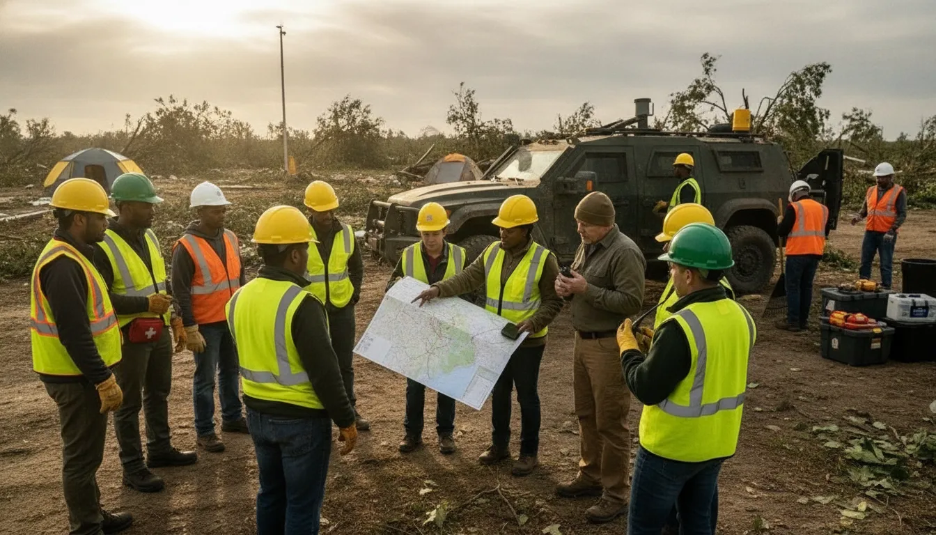 Emergency coordinators and community volunteers briefing at a disaster staging area