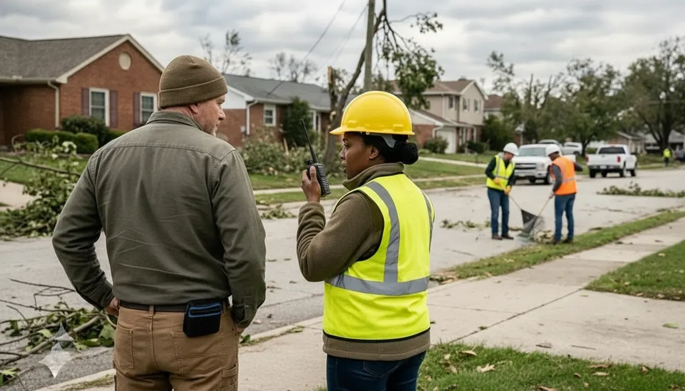 Community Emergency Response Team volunteer relaying an urgent field report by radio