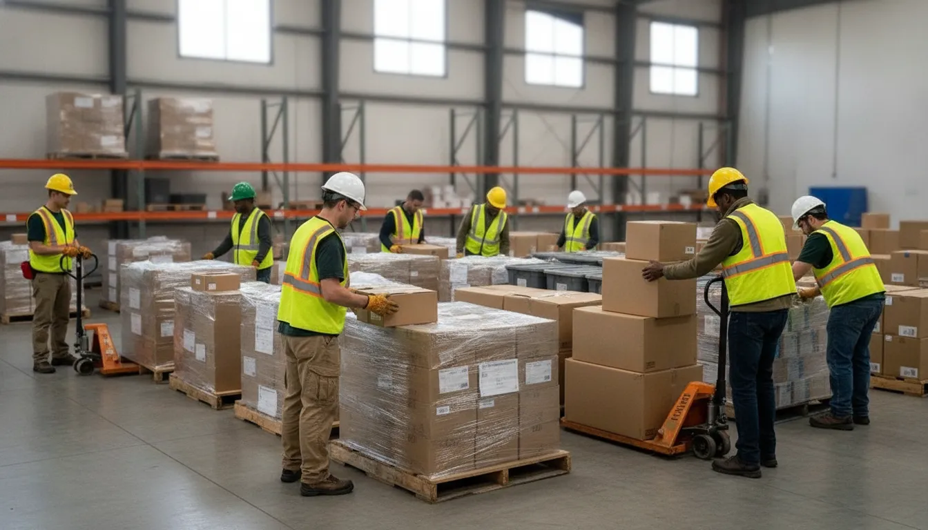 Staff and volunteers preparing a community food bank for disaster response