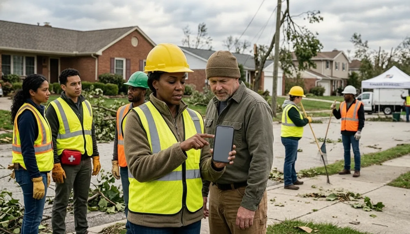 Disaster relief logistics coordination team working in a residential neighborhood after a storm.