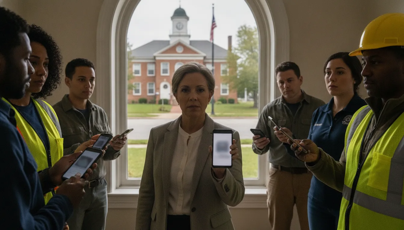 Emergency manager using a mobile alert app to reach residents in a small town neighborhood