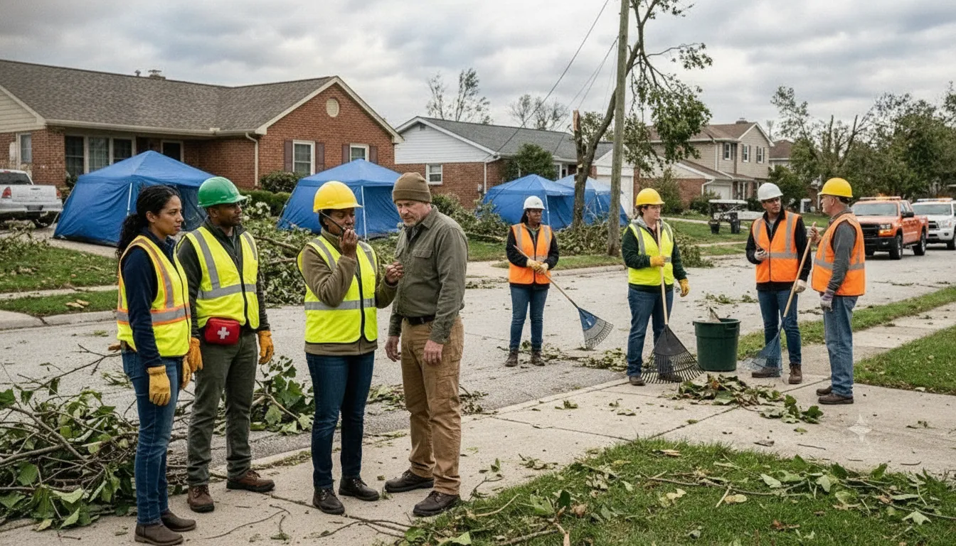 Emergency responders and community coordinators working together in a safe neighborhood during a network outage