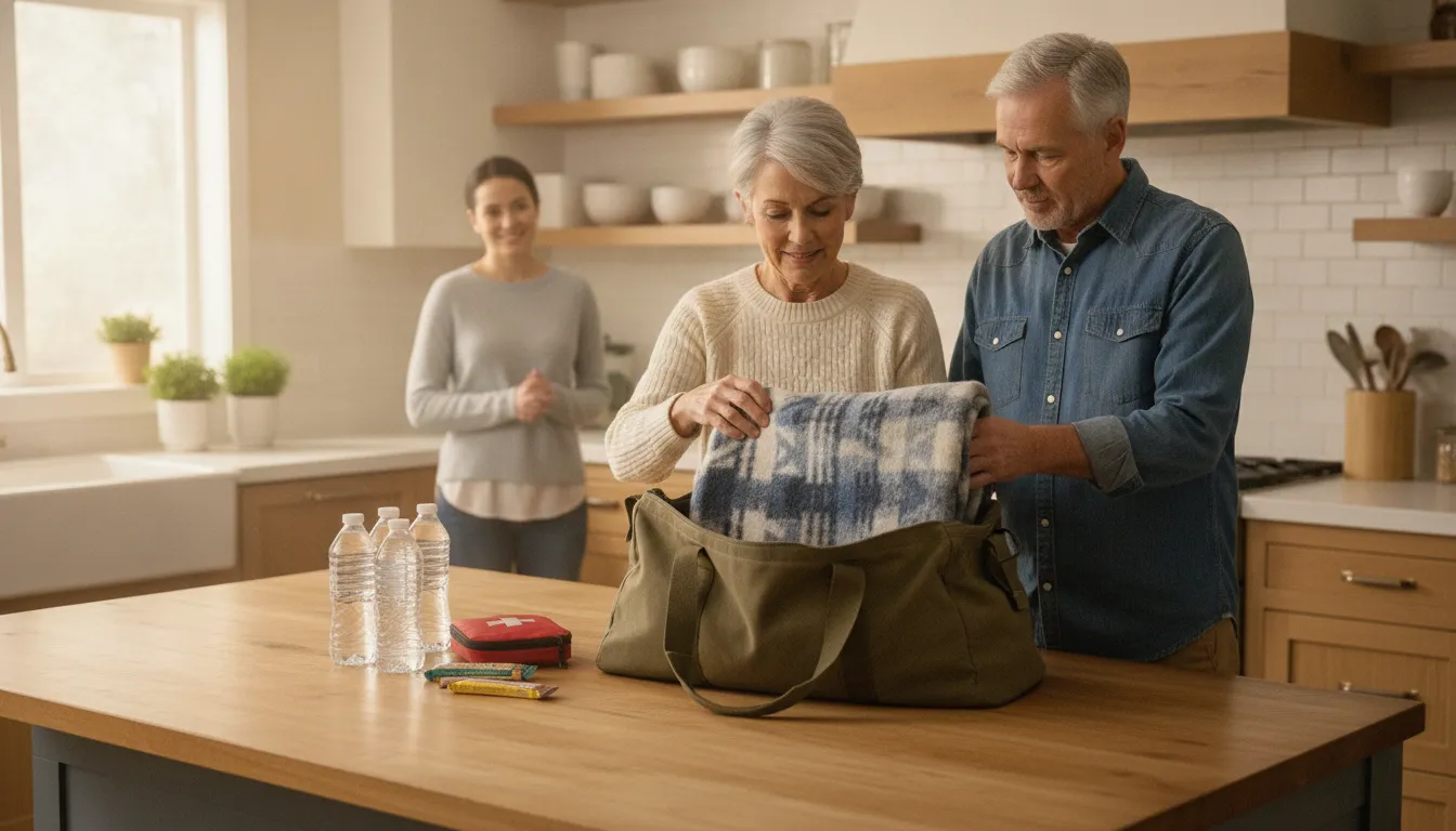 An older couple folding a blanket into an emergency go-bag with supplies in a bright kitchen