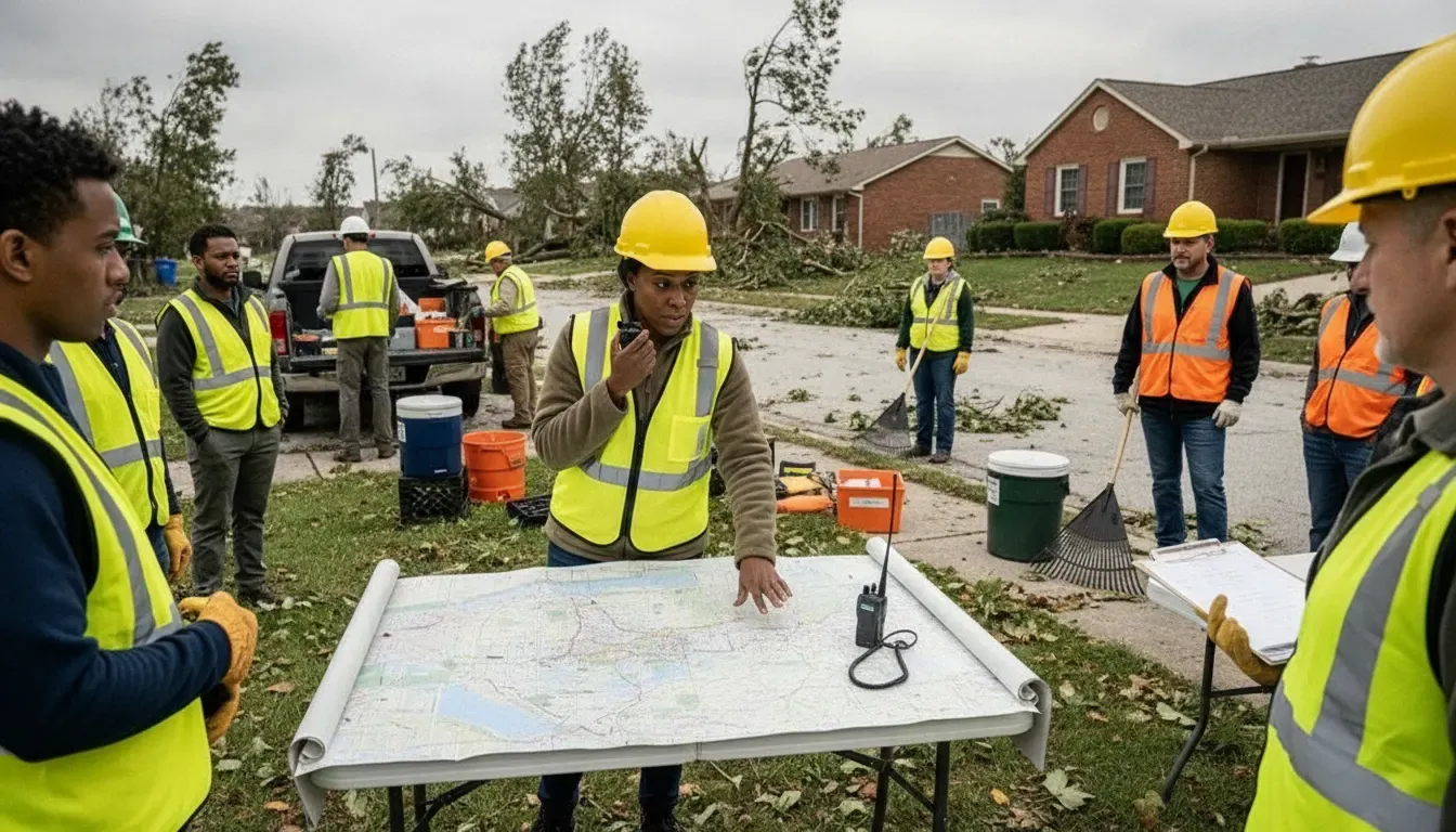 Community volunteers coordinating a disaster response deployment