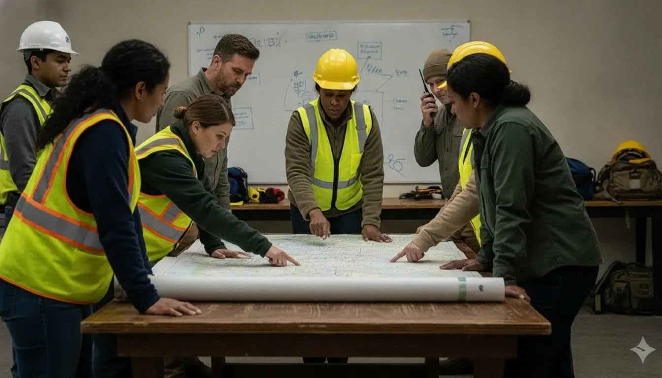 Emergency response coordinators reviewing field updates and a response map