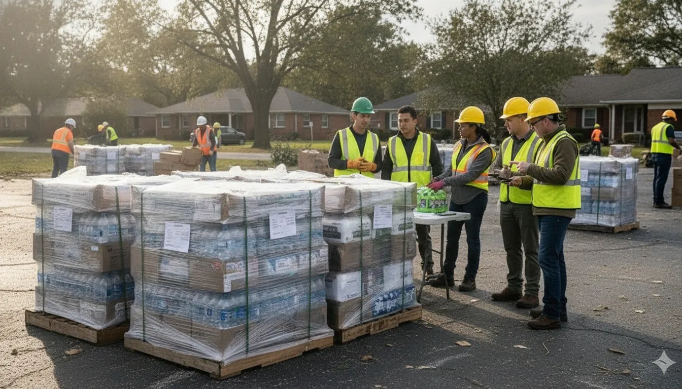 Emergency response partners coordinating relief supplies at a community distribution point
