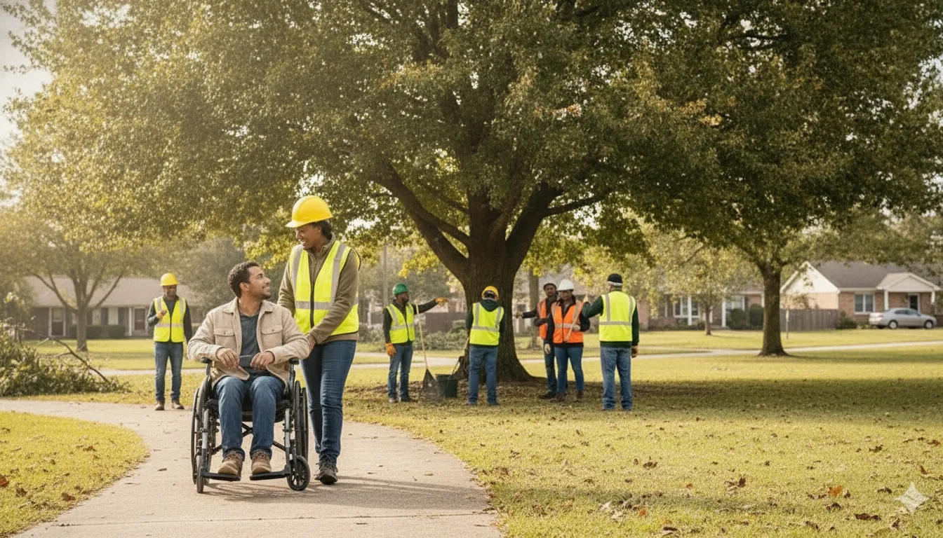 An emergency responder assisting a person who uses a wheelchair toward a safe evacuation meeting point.