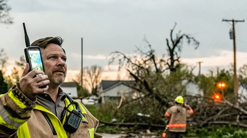 CERT volunteer using two-way radio and smartphone during power outage response at dusk