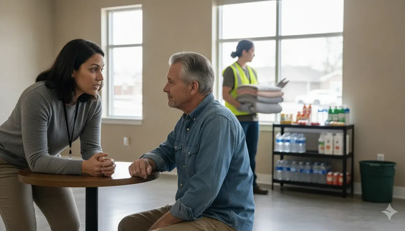 Disaster case manager discussing recovery follow-up with a resident