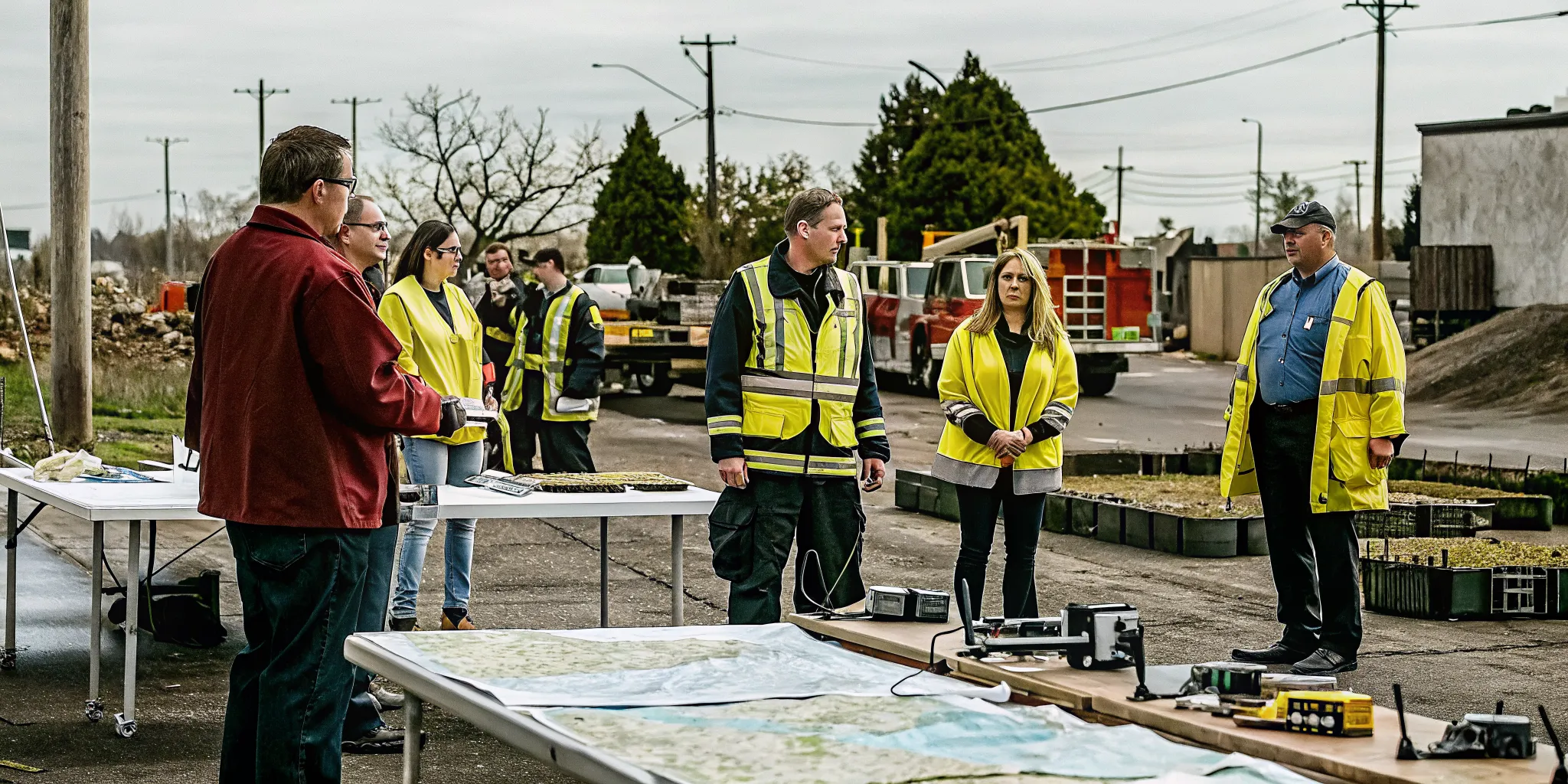CERT volunteers in yellow vests coordinating with fire department commander at outdoor staging area with map table