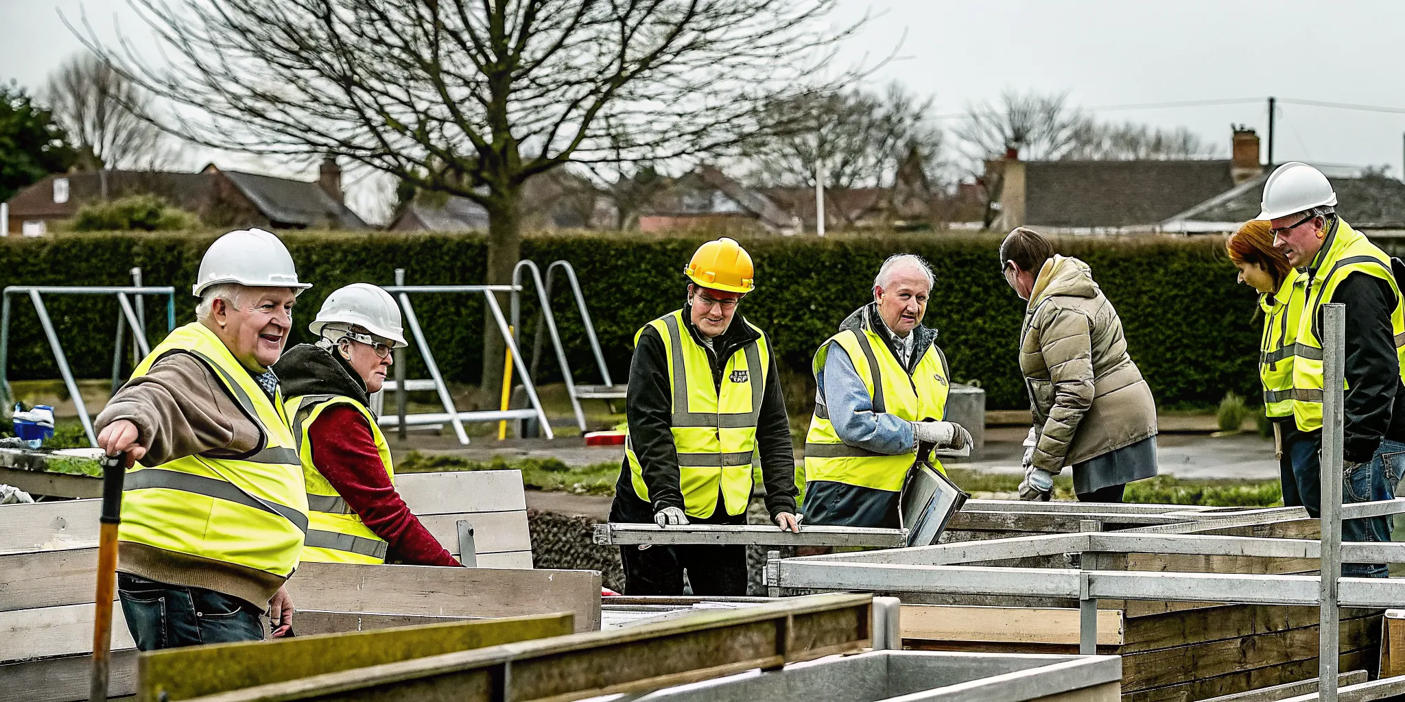 CERT volunteers in yellow vests and hard hats training together in a community setting