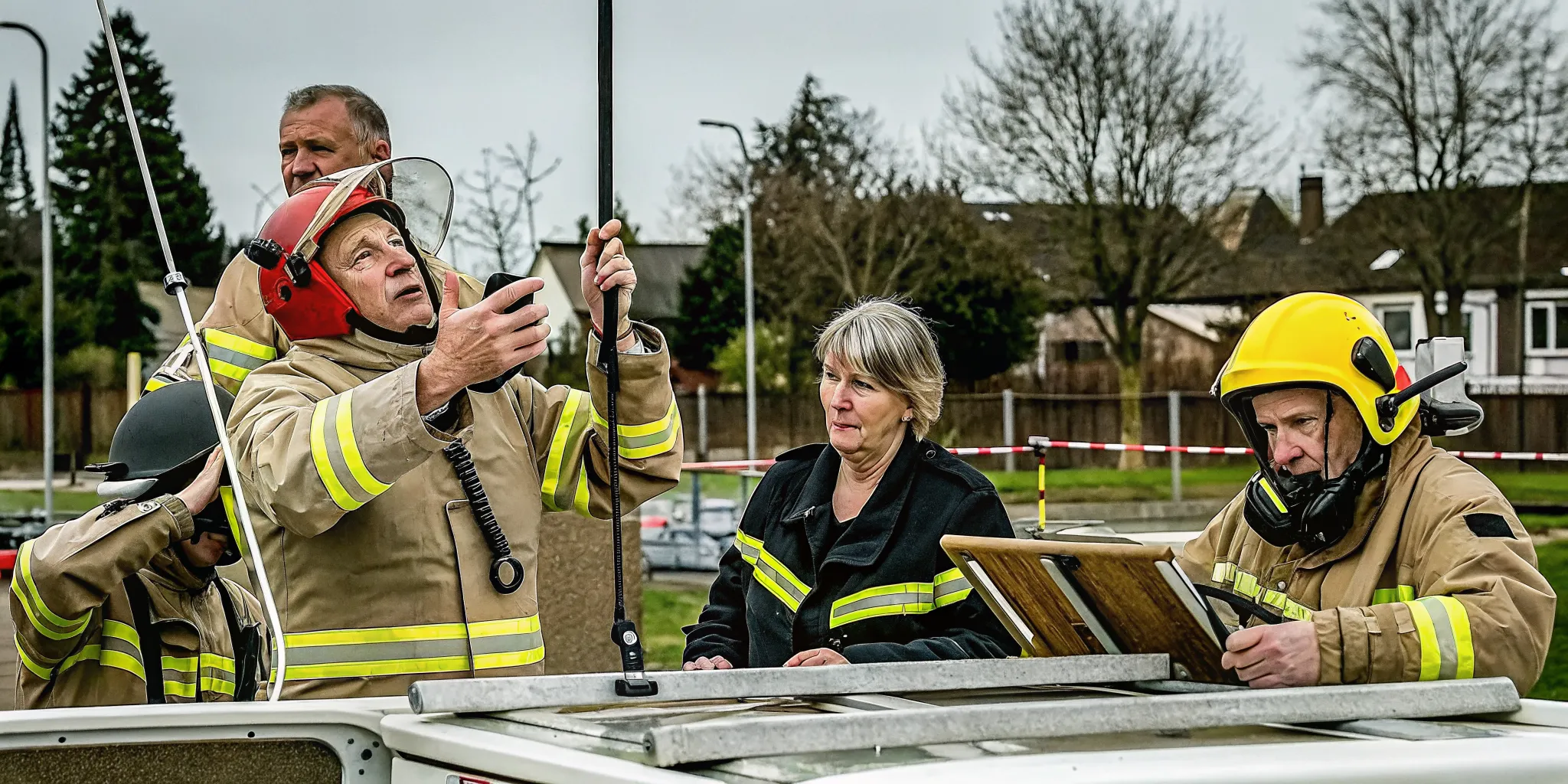 Emergency response team using tablet and radio equipment to coordinate at a command post during a drill