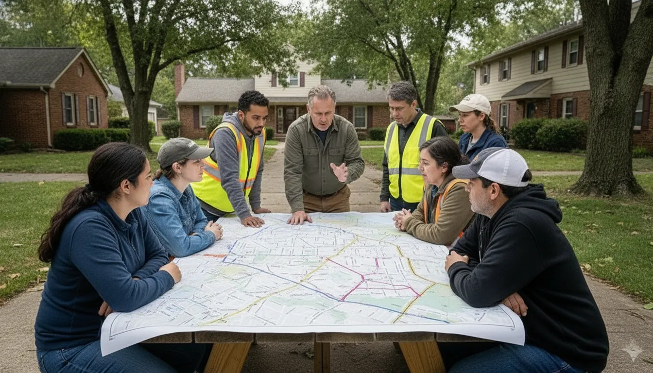 Neighbors coordinating community preparedness planning outdoors