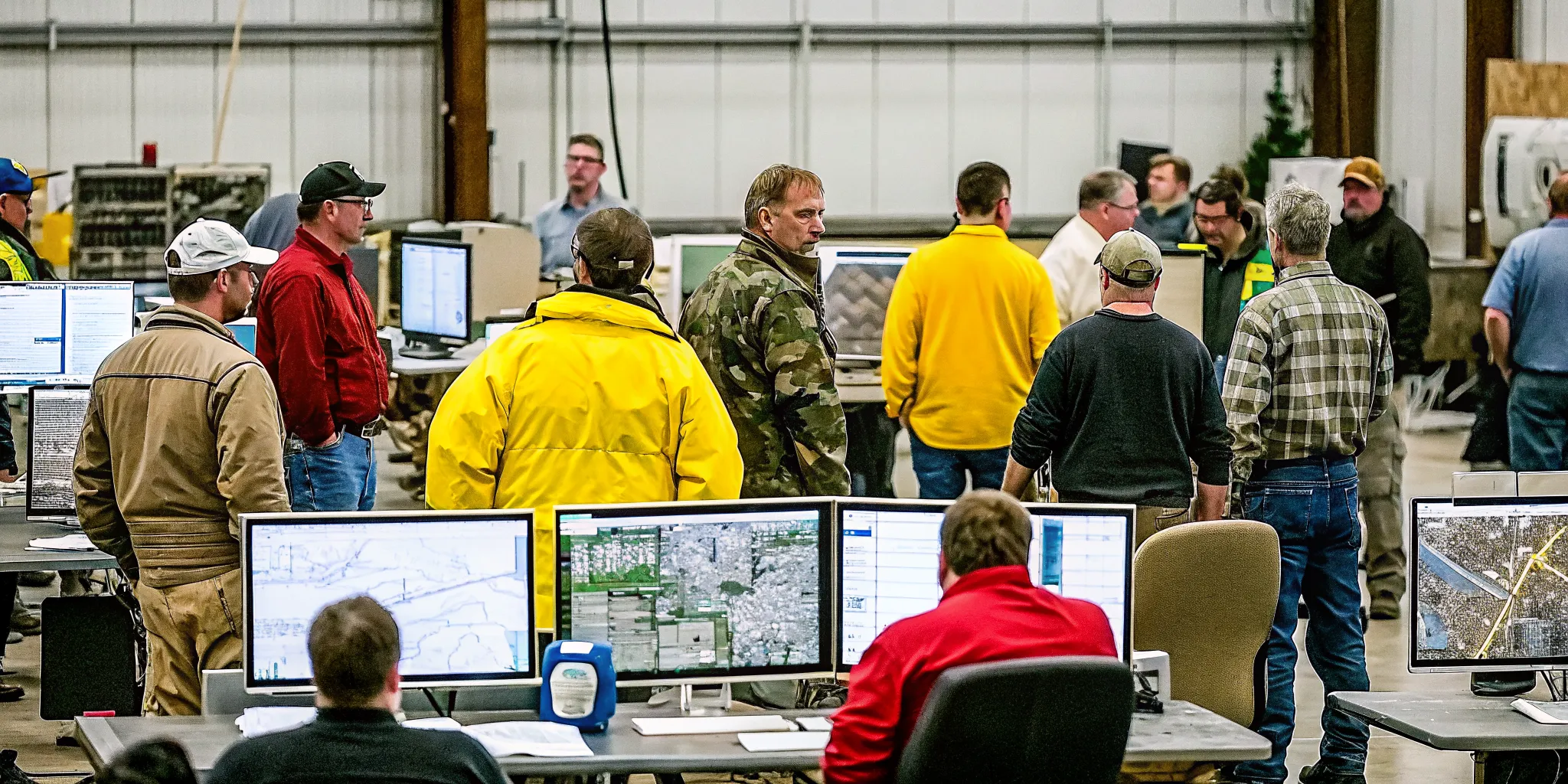 Emergency operations team coordinating disaster response volunteers with a digital incident map