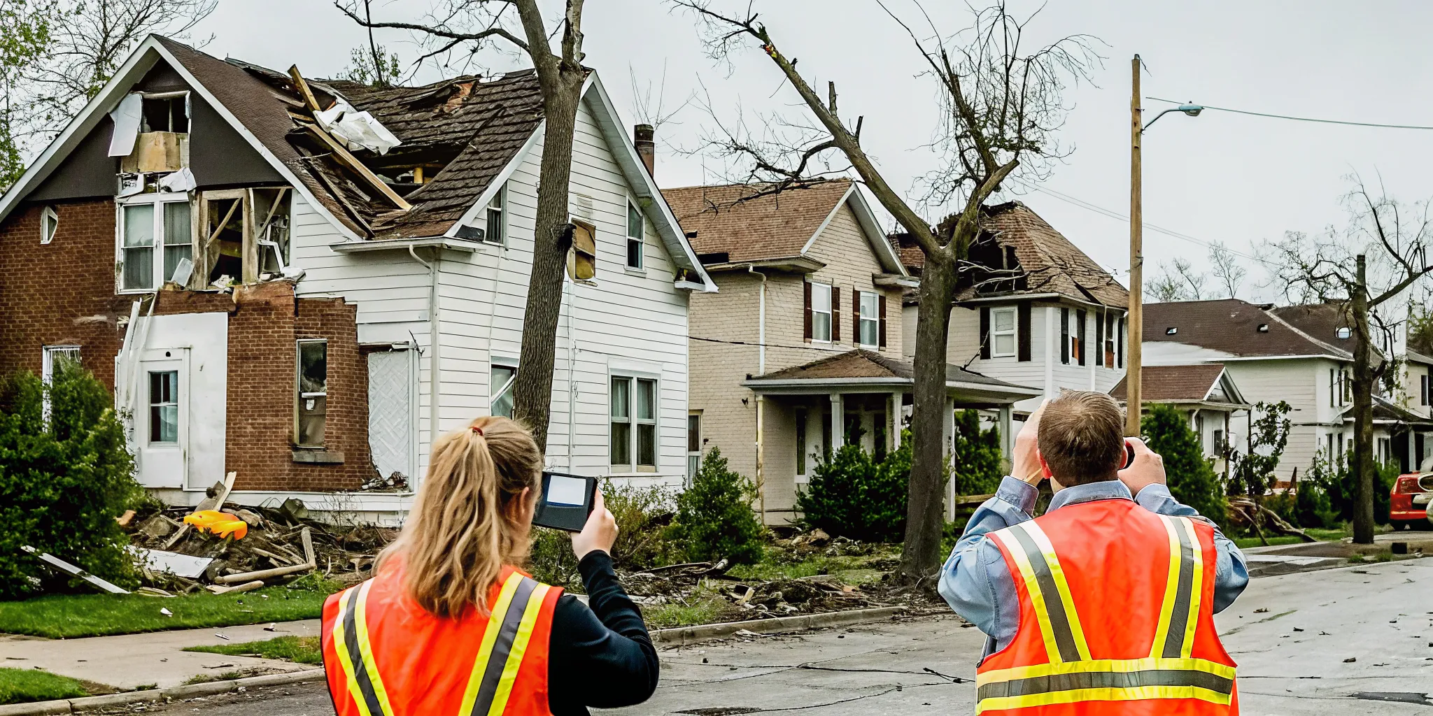 CERT volunteers in orange vests documenting building damage with tablets and smartphones after a natural disaster
