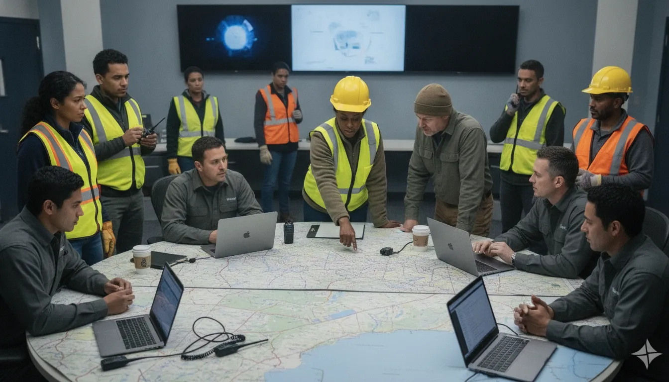 Emergency operations center team coordinating a situation report workflow