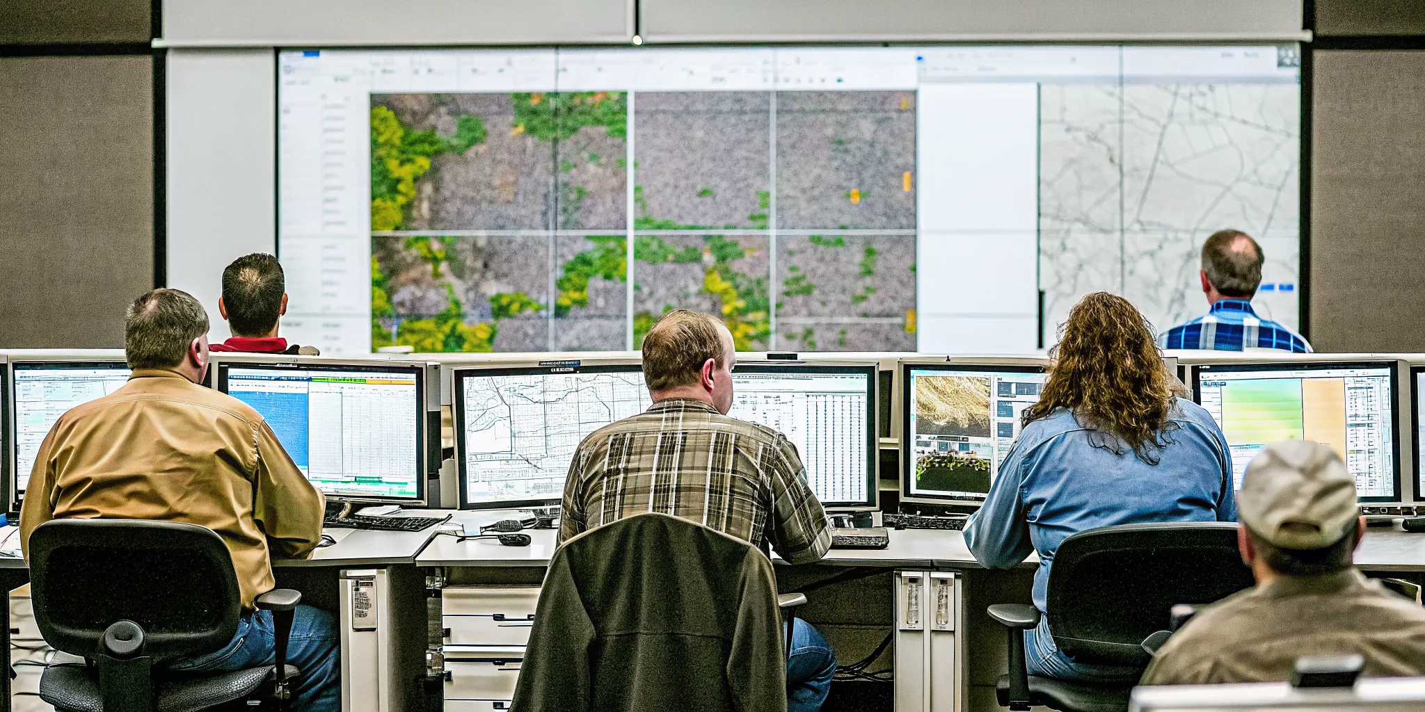 Emergency operations center with CERT team leaders monitoring damage reports on a digital dashboard showing maps and GPS-tagged photos