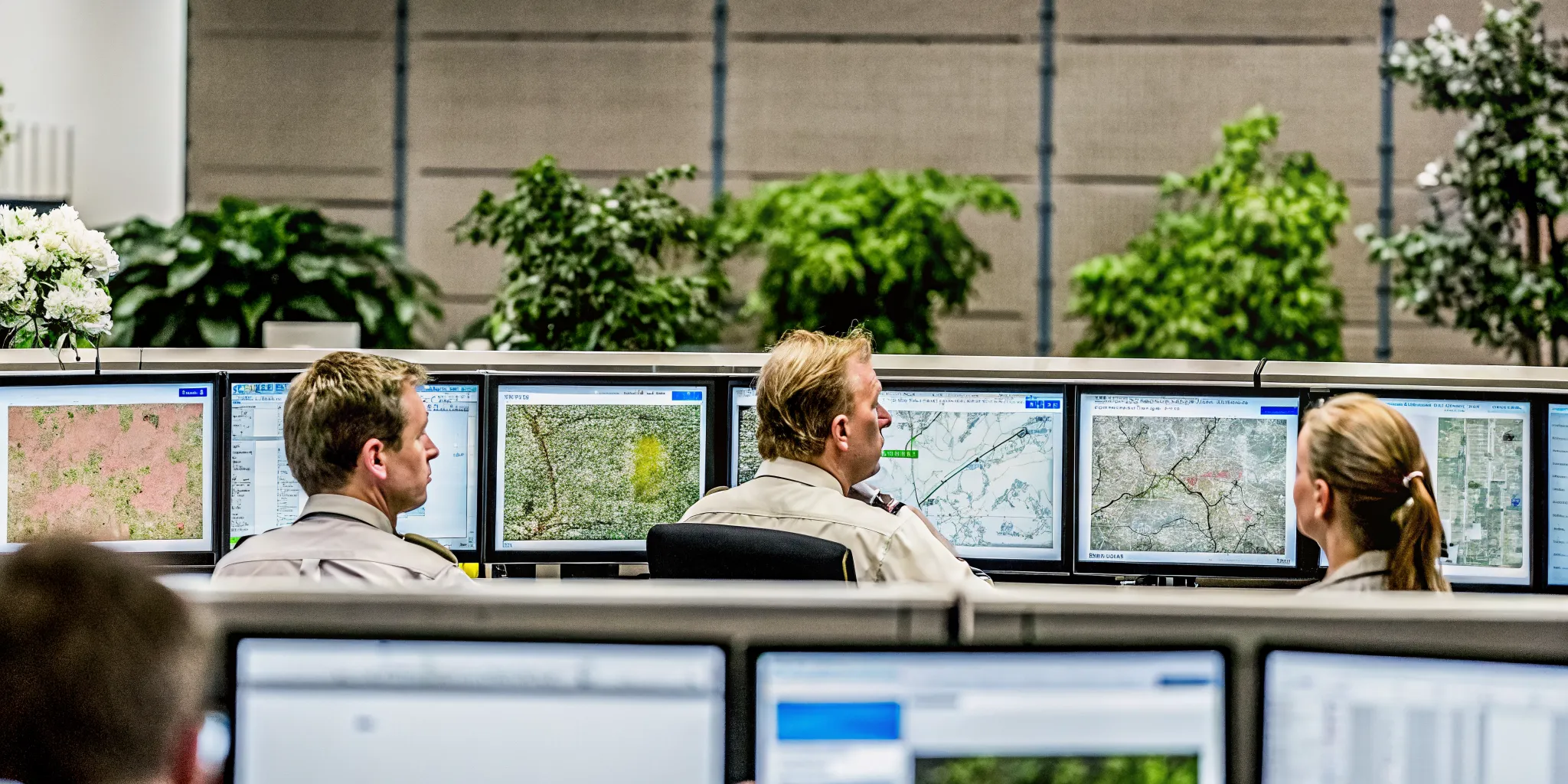 Emergency operations center software dashboard showing incident tracking maps and real-time field reports on multiple monitors