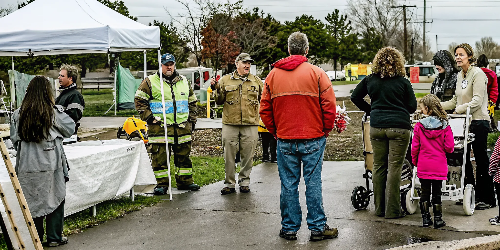 CERT volunteers at a community safety fair speaking with families
