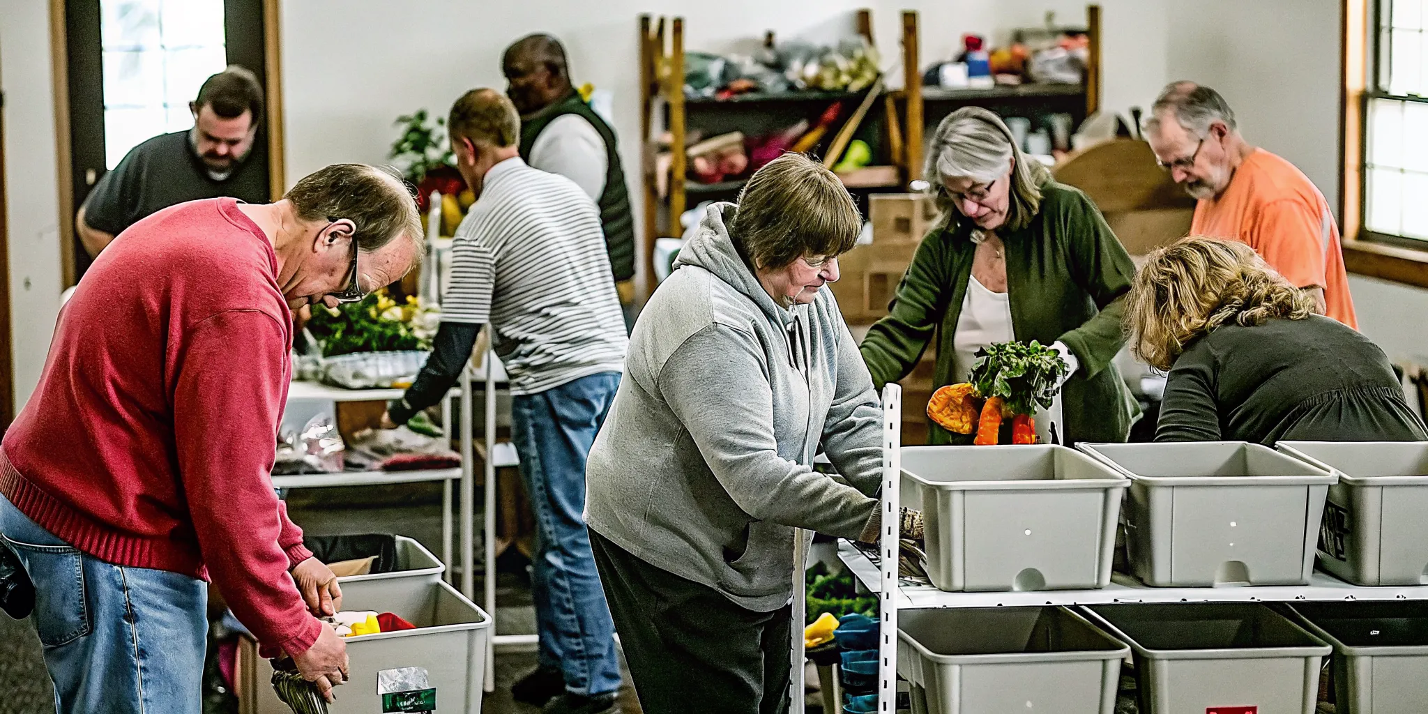 Volunteers organizing emergency supply kits and first aid supplies in a church community hall