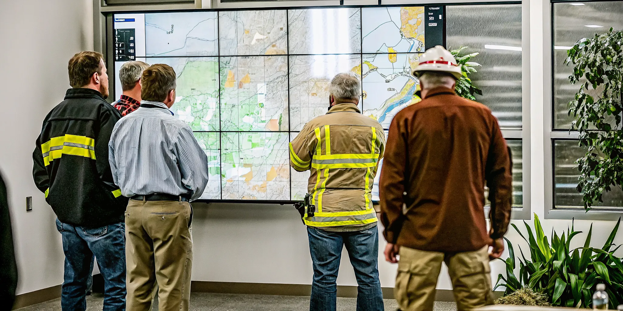 Emergency managers reviewing incident data on a large screen in an affordable EOC software for small communities setup