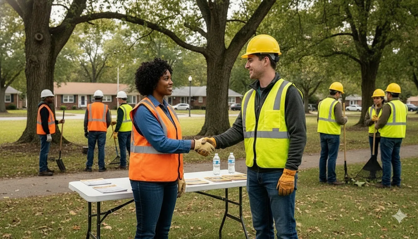 CERT coordinator welcoming a new volunteer at an outdoor emergency training check-in