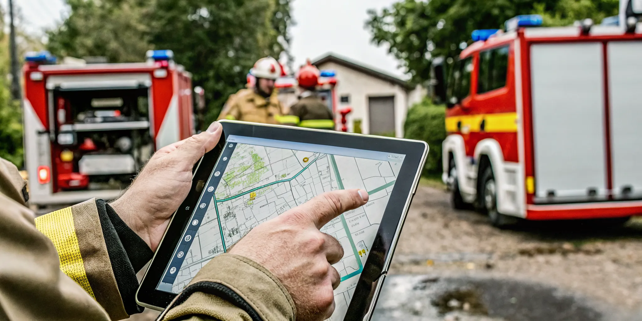Real-time incident management dashboard on a tablet showing GPS tracking and disaster resource markers