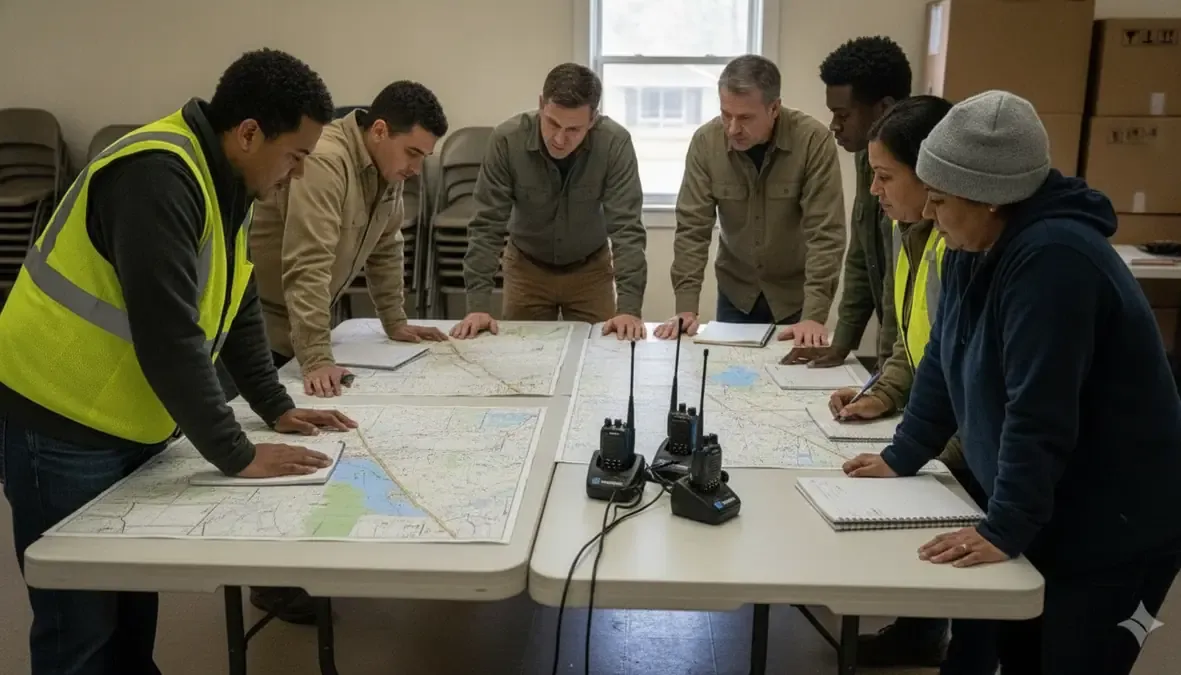 Outreach coordinators reviewing a disaster response map with shelter partners