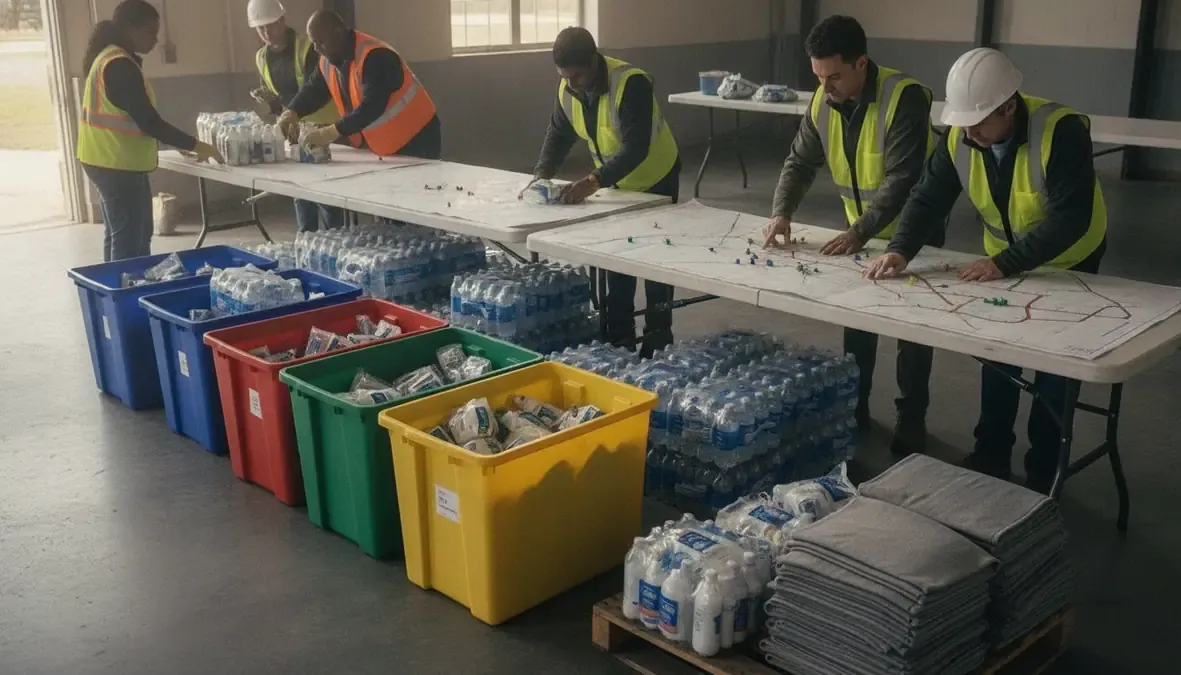 Emergency supplies organized for shelter coordination during a disaster