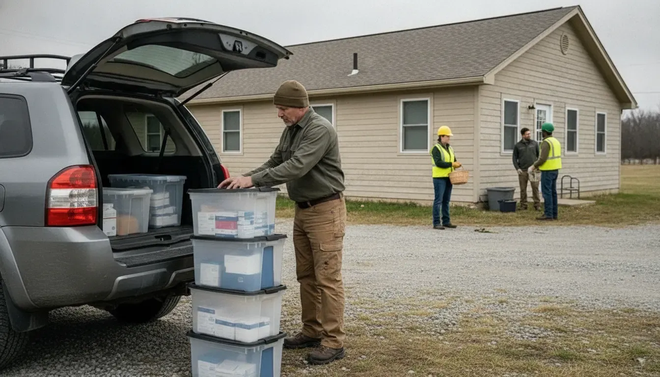 Rural healthcare responders organizing recovery supplies outside a health center
