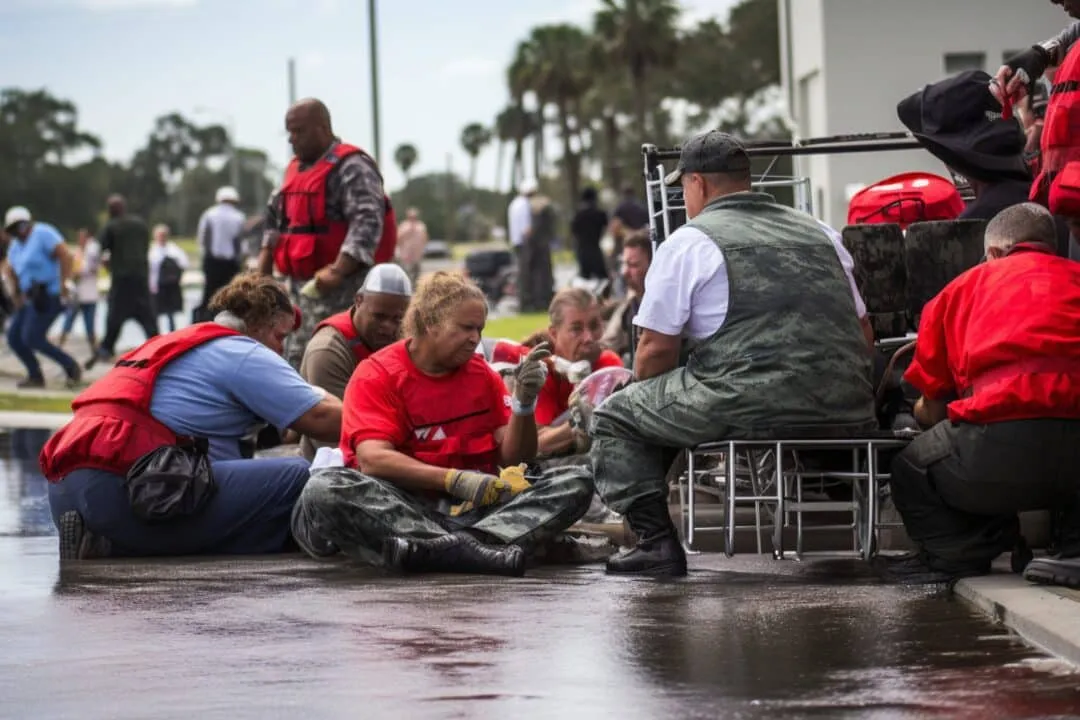 Emergency response teams coordinating field operations during a disaster